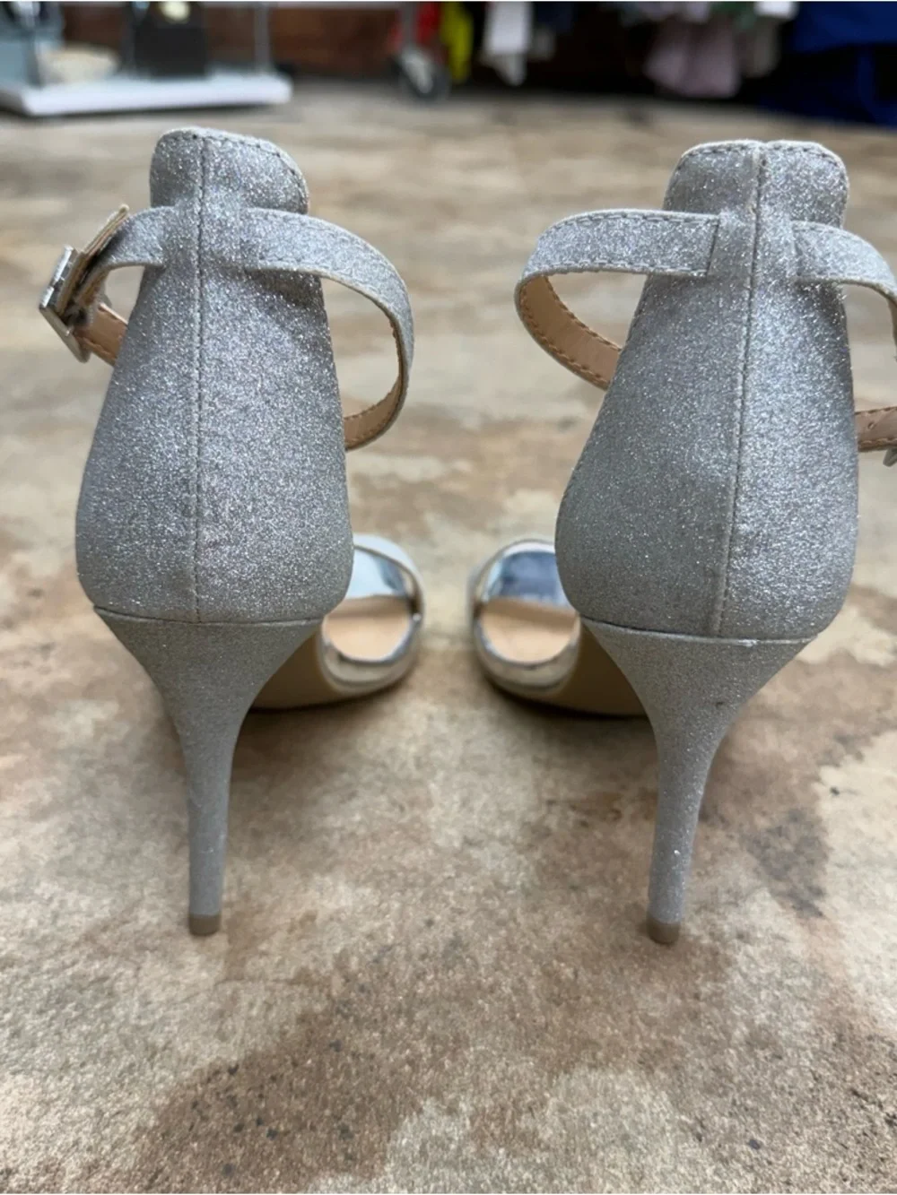 Material Girl Glitter Silver Open-Toe Ankle-Strap Heels - Picture 7 of 8